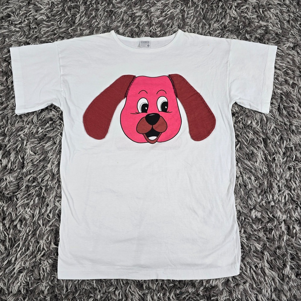 Vintage Kathryn Pink Dog Graphic Tee White Cotton Single Stitch Shirt Fiji Med